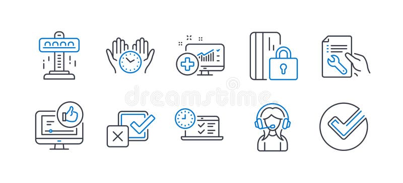 Set of Technology icons, such as Attraction, Support, Medical analytics. Vector stock illustration