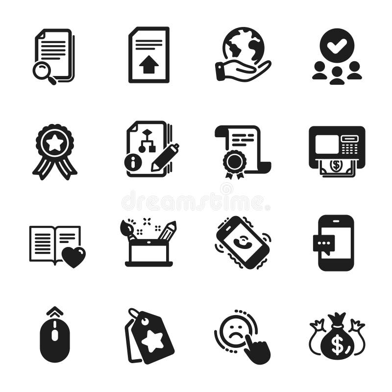 Set of Technology icons, such as Creativity concept, Upload file, Smartphone message. Vector royalty free illustration