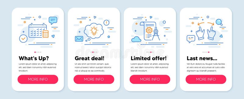 Set of Technology icons, such as Divider document, Calendar, Energy symbols. Move gesture line icons. Vector stock illustration