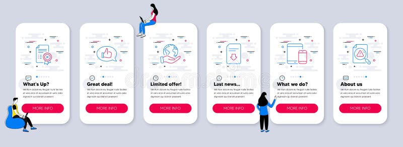 Set of Technology icons, such as Feedback, Download file, Reject certificate. Vector royalty free illustration