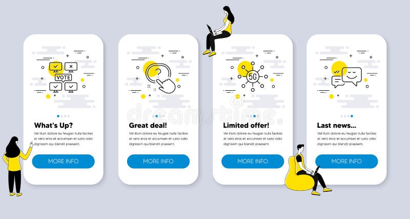 Set of Technology icons, such as 5g technology, Online voting, Question button. Vector stock illustration