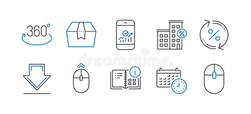 Set of Technology icons, such as Instruction info, Calendar, Loan percent. Vector stock illustration