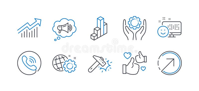 Set of Technology icons, such as Like, Hammer blow, Call center. Vector vector illustration