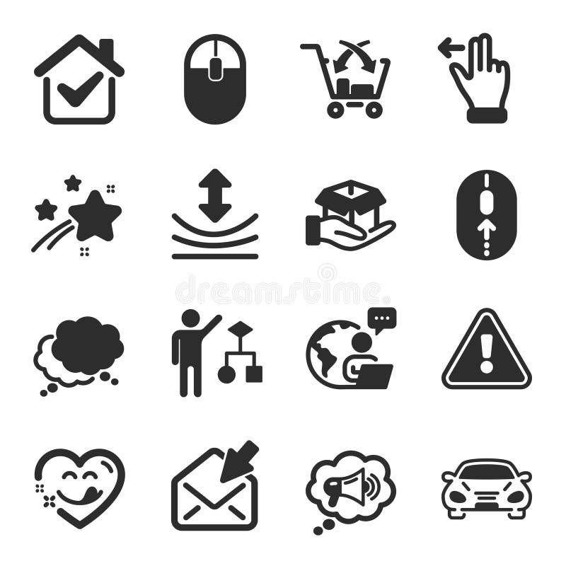 Set of Technology icons, such as Megaphone, Swipe up, Cross sell symbols. Vector royalty free illustration