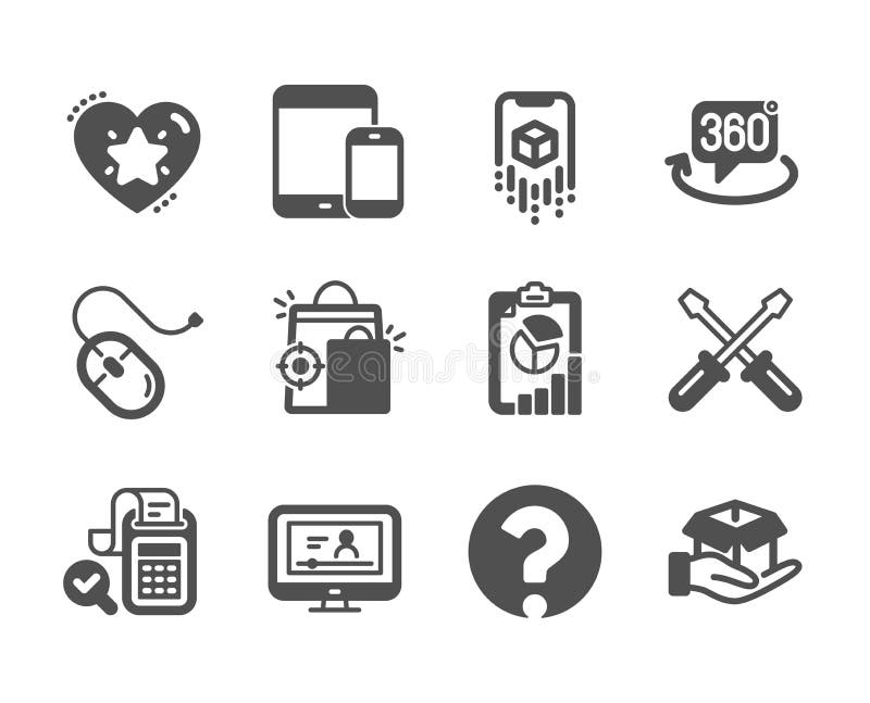 Set of Technology icons, such as Ranking star, Report, Hold box. Vector royalty free illustration