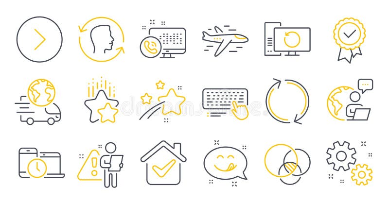 Set of Technology icons, such as Recovery computer, Time management, Forward symbols. Vector. Work, Tested stamp, Computer keyboard signs. Euler diagram, Yummy smile, Refresh. Ranking stars.