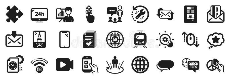 Set of Technology icons, such as Refresh mail, Pie chart, Video camera. Vector stock illustration