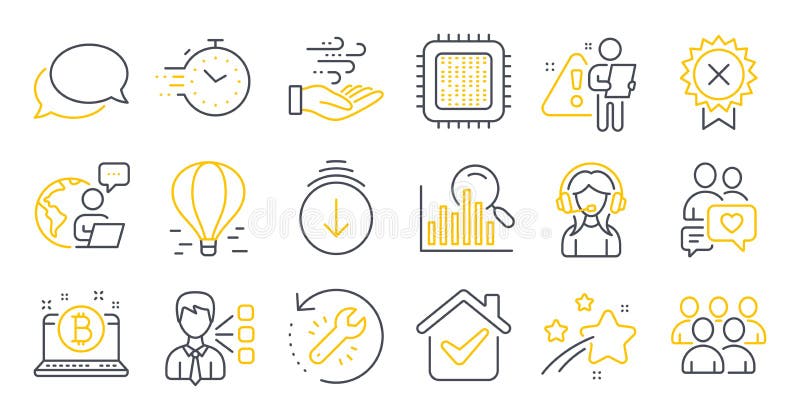 Set of Technology icons, such as Scroll down, Support, Dating chat symbols. Vector stock illustration