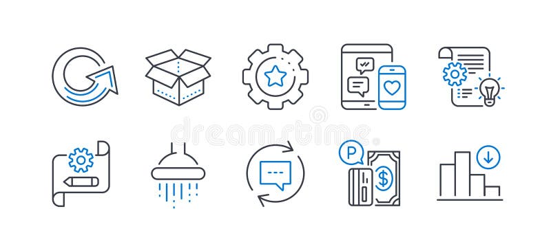 Set of Technology icons, such as Settings gear, Social media, Open box. Vector vector illustration