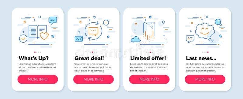 Set of Technology icons, such as Smartphone recovery, Update comments, Love book symbols. Vector stock illustration