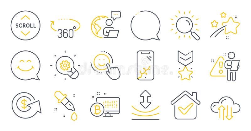 Set of Technology icons, such as Smile, Bitcoin system, Resilience symbols. Vector stock illustration