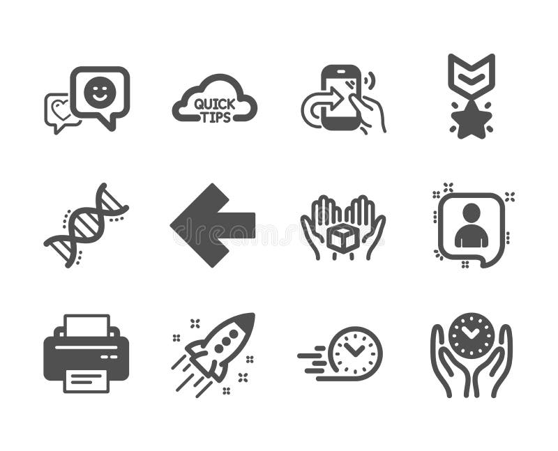 Set of Technology icons, such as Smile, Quick tips, Safe time. Vector stock illustration