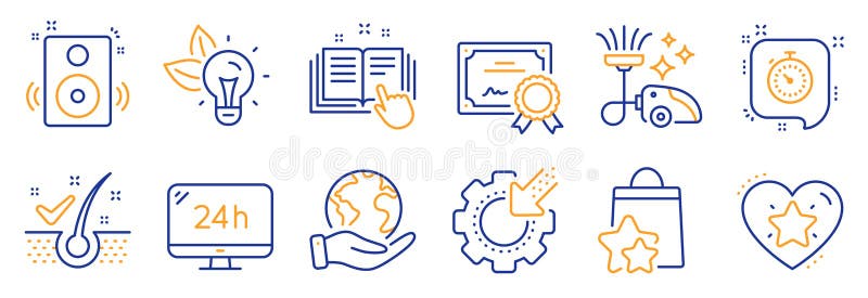 Set of Technology icons, such as Speakers, 24h service, Vacuum cleaner. Vector royalty free illustration