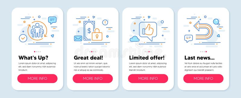 Set of Technology icons, such as Teamwork, Private payment, Like symbols. Undo line icons. Vector stock illustration