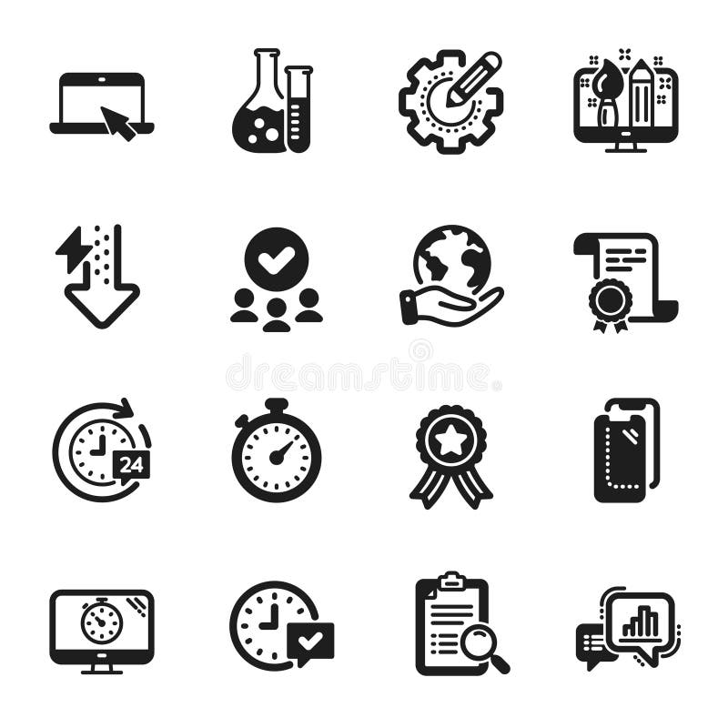 Set of Technology icons, such as Timer, 24h delivery, Search analysis. Vector stock illustration