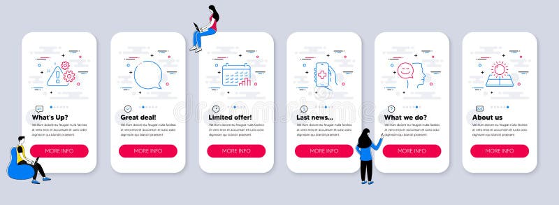 Set of Technology icons, such as Warning, Health app, Speech bubble. Vector stock illustration