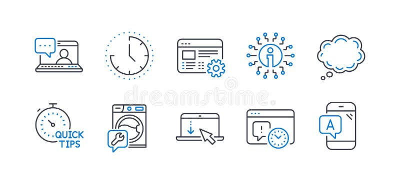 Set of Technology icons, such as Washing machine, Comic message, Scroll down. Vector vector illustration