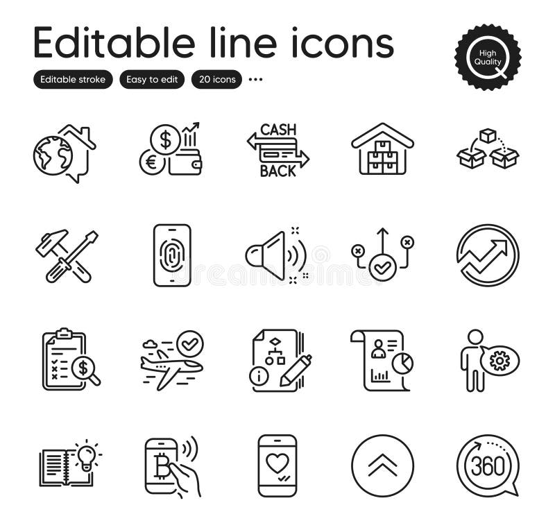 Set of Technology outline icons. Contains icons as Swipe up, Currency rate and Fingerprint elements. For website Vector royalty free illustration