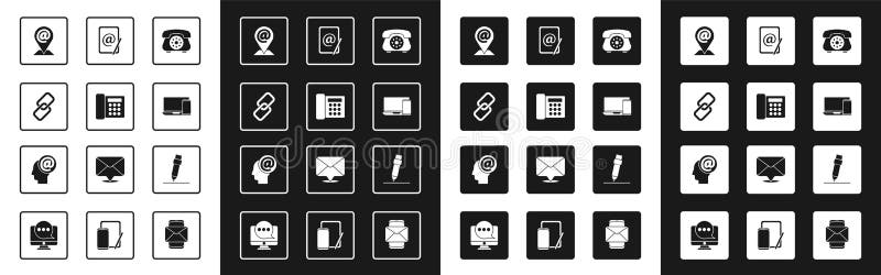 Set Telephone, Chain link, Location and mail and e-mail, Monitor, Mail, Pencil with eraser and icon. Vector stock illustration