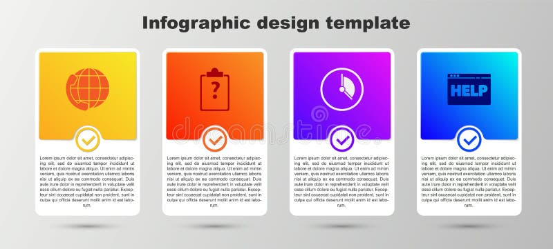 Set Telephone 24 hours support, Clipboard with question marks, Time Management and Browser help. Business infographic