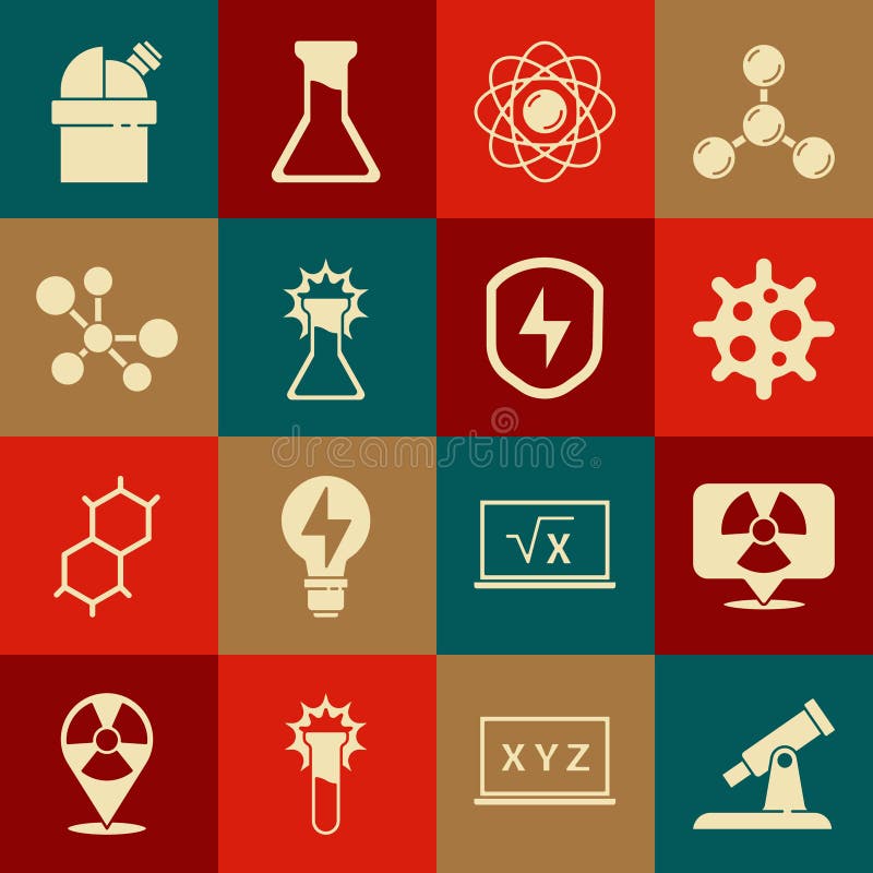 Set Telescope, Radioactive in location, Virus, Atom, Test tube and flask, Molecule, Astronomical observatory and Secure stock illustration