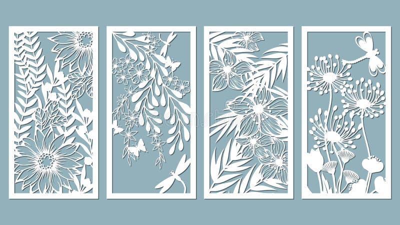 Set template for laser cutting and Plotter. Flowers, leaves for decoration. Vector illustration. Sticker set flowers. plotter and stock illustration