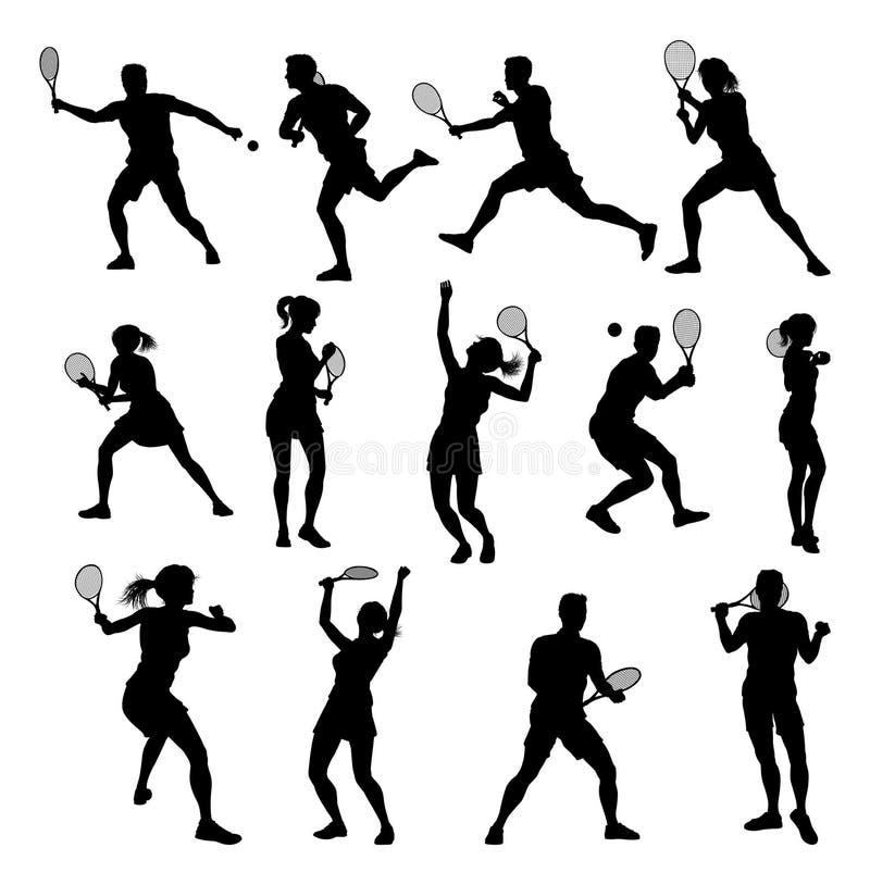 Sada skladajúca sa z tenis hráč muž žena silueta športové dizajn prvky.