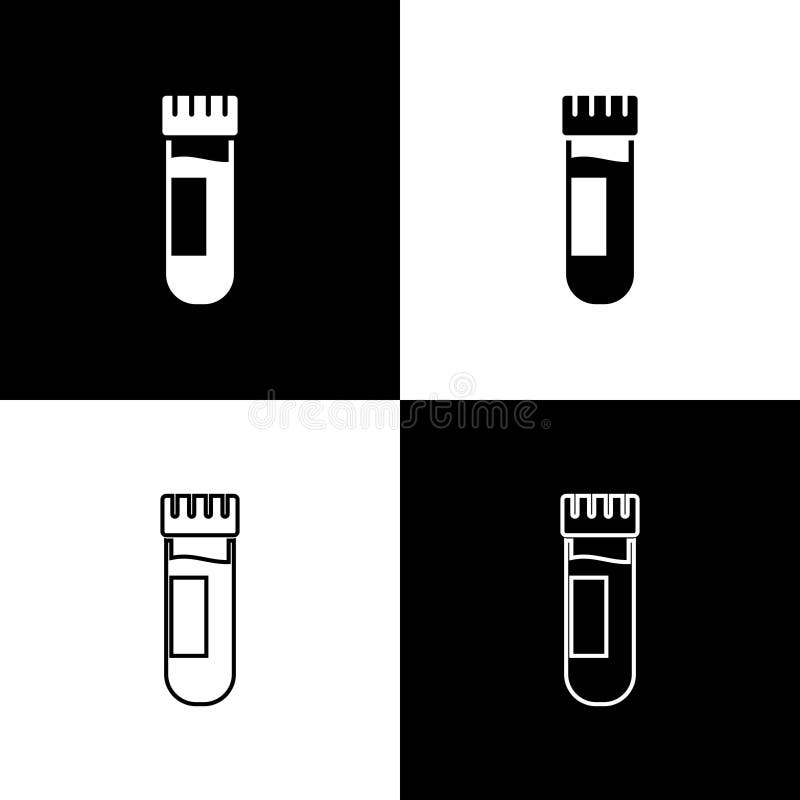 Set Test tube or flask with blood icon isolated on black and white background. Laboratory, chemical, scientific