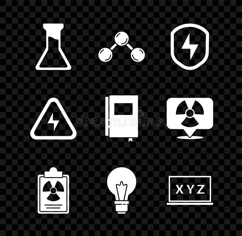 Set Test tube and flask, Molecule, Secure shield with lightning, Radiation warning document, Light bulb concept of idea royalty free illustration
