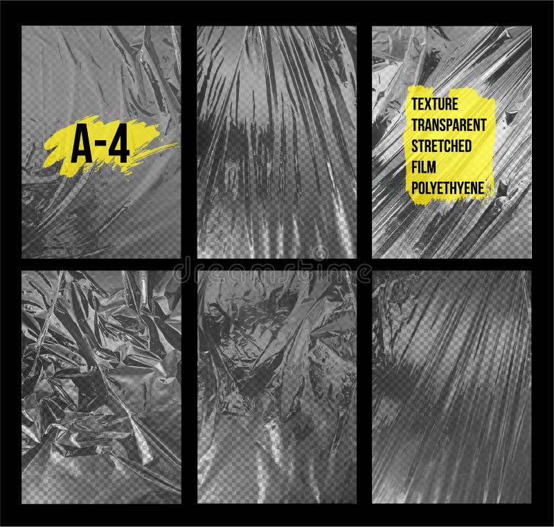 Set of texture A-4 transparent stretch film polyethylene. Design element graphic crumpled plastic wrap. Vertical vector vector illustration