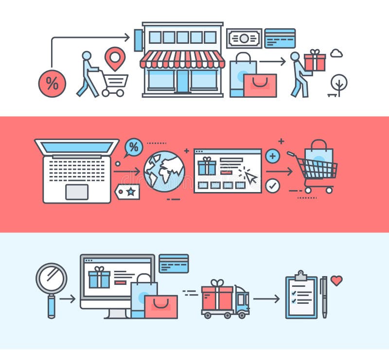 Set of thin line flat design banners for shopping, e-commerce, online shopping stock illustration