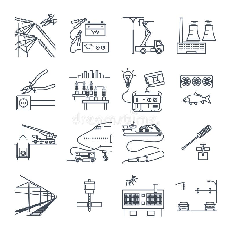 Set of thin line icons electrical equipment, technology vector illustration