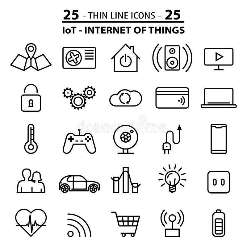 Set of 25 thin line icons about internet of things. IOT technology. stock illustration