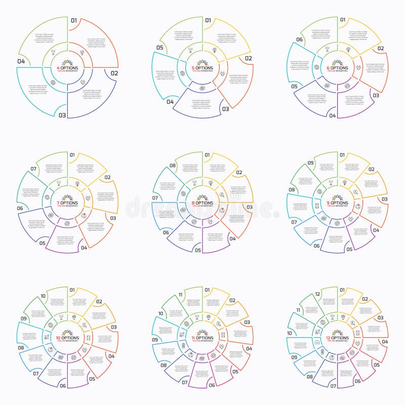 Set of thin line pie chart infographic templates with 4-12 options.