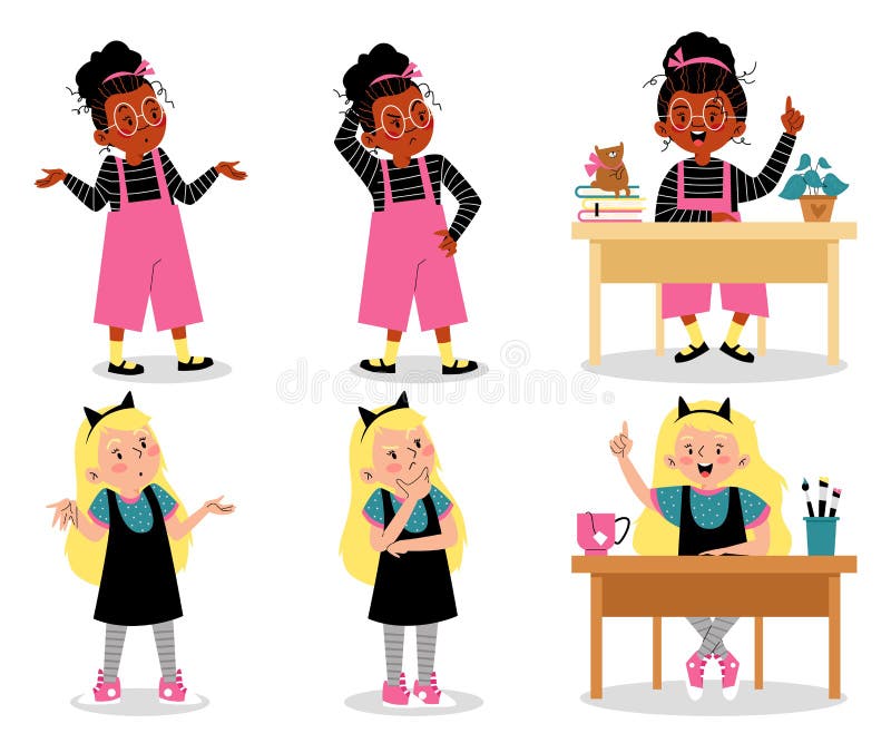Set of thinking and confused child girls, flat vector illustration isolated. vector illustration