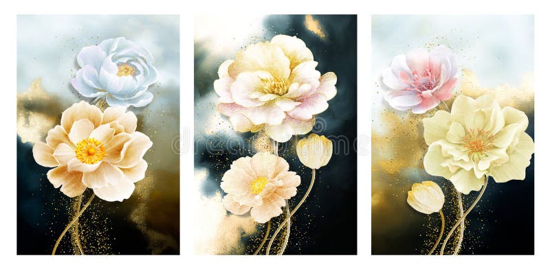 A set of three abstract hand painted oil painting flower art backgrounds, composition photo wall hanging pictures