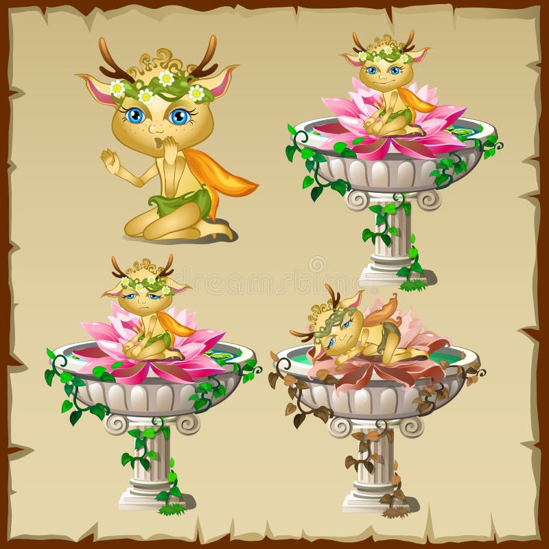 Set of Three Antique Vases with Gold Elf Figure Stock Illustration