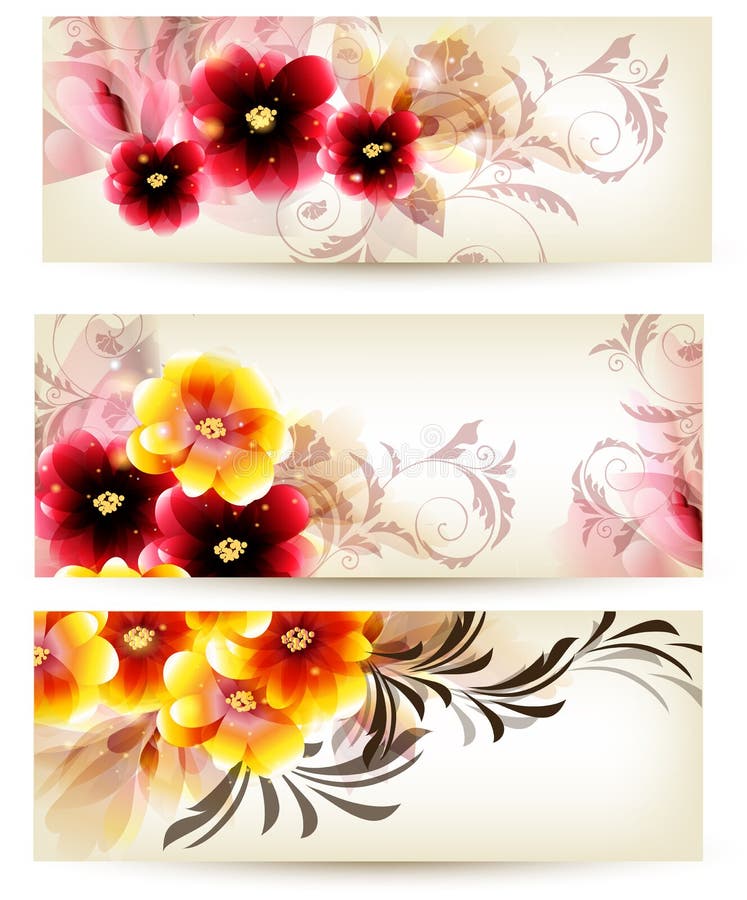 Set of three banners decorated by vector flowers