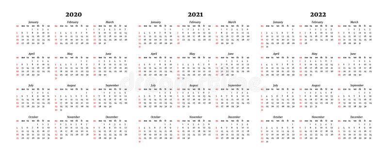 Calendars For 2020 2021 And 2022 Isolated On A White Background Stock