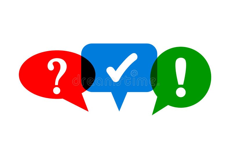 Set of three colored speech bubble, chat sign with question, exclamation and tick mark - vector royalty free illustration