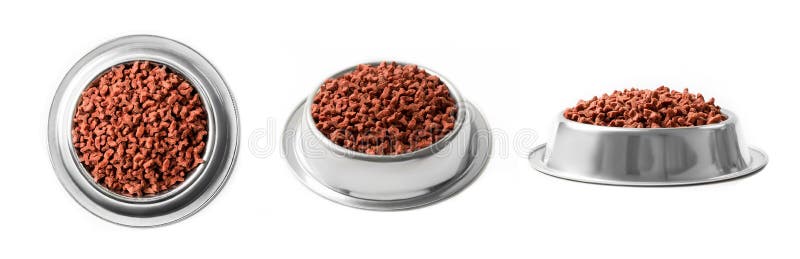 Set of three dishes dry pet food in a metal bowl isolated on white background. Top, half and front view.