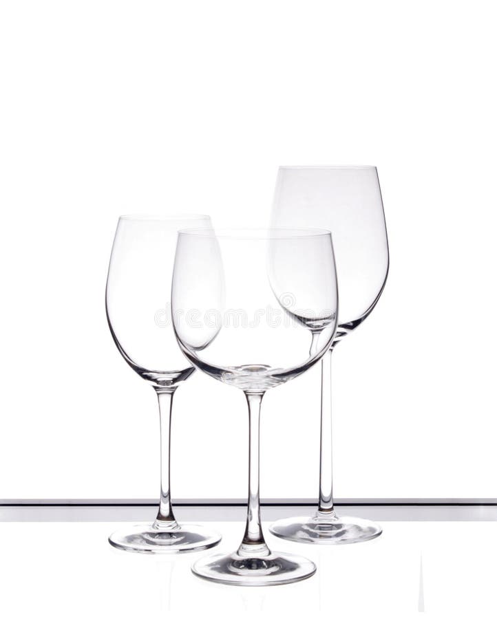 Set of three empty wine glasses on white background