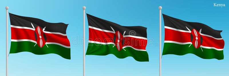 Set of three flags of Kenya waving on flagpoles stock illustration