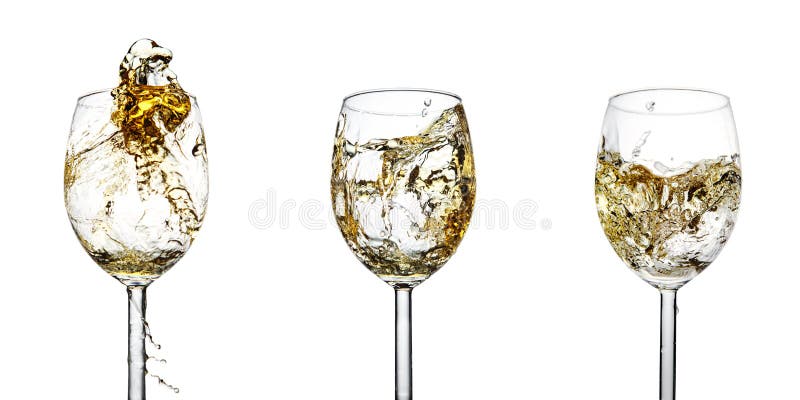 Set of three glasses with a splash of white wine on a white isolated background