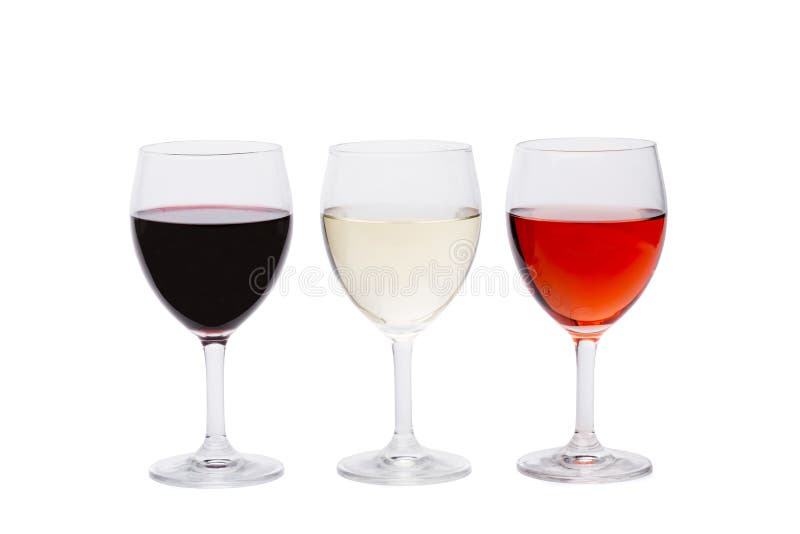 A set of three glasses of wine on a white backgroound