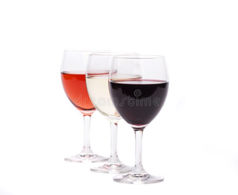 A set of three glasses of wine on a white background