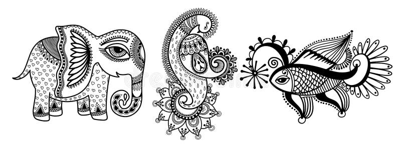 Set of three hand drawing animals - elephant, peacock and fish stock illustration Set of three hand drawing animals - elephant, peacock and fish stock illustration