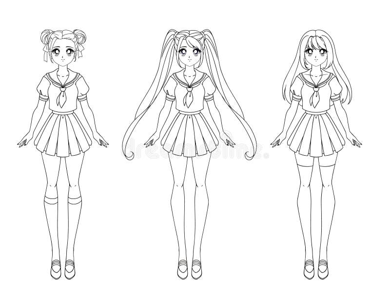 Set of Three Anime Girls. Contour Picture for Coloring Book Stock Vector -  Illustration of caucasian, female: 192525587