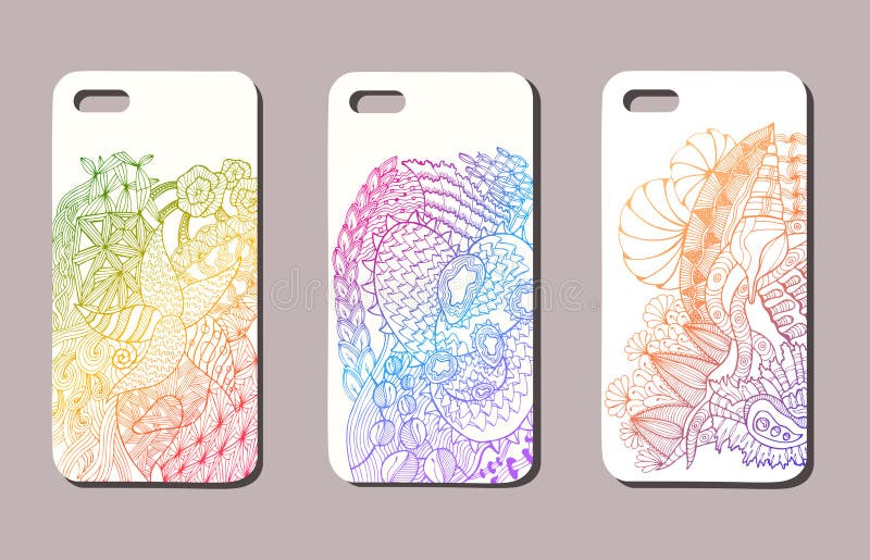 A Set Of Three Mobile Phone Cases. Vector Background In Zentangle Style