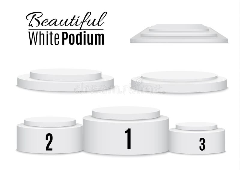 Set three podiums. Three-stage, two-stage and one-stage podium on isolated background. Beautiful vector 3d scene stock illustration Set three podiums. Three-stage, two-stage and one-stage podium on isolated background. Beautiful vector 3d scene stock illustration